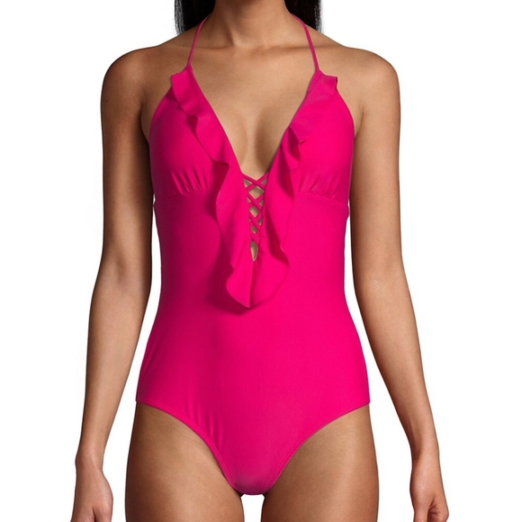 Shoshanna Ruffle Lattice One Piece Swimsuit, 10
